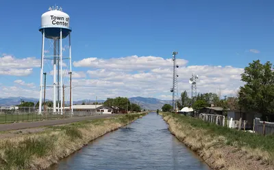 Center, Colorado water tower and irrigation canal