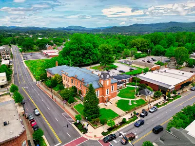 Aerial of downtown Brevard, North Carolina, in Transylvania County