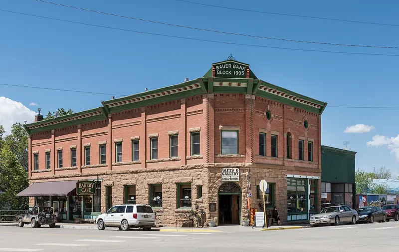 The 1905 Bauer Bank Block commercial building, constructed in Mancos, Colorado, by George Bauer, the town's…