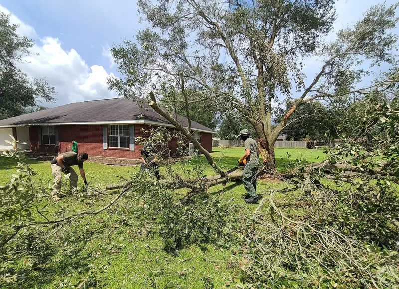 CBP officers and US Border Patrol agents help clear a downed tree near a home in Orange, TX, near Bridge City