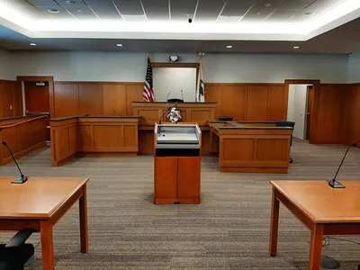 View to the front of a courtroom at Franklin County Courthouse in Illinois