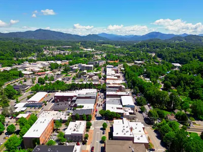 Aerial of downtown Waynesville, North Carolina, in Haywood County