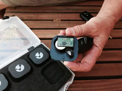 Mike showing me his set of Kontakt.io Beacons - small bluetooth info transmitters